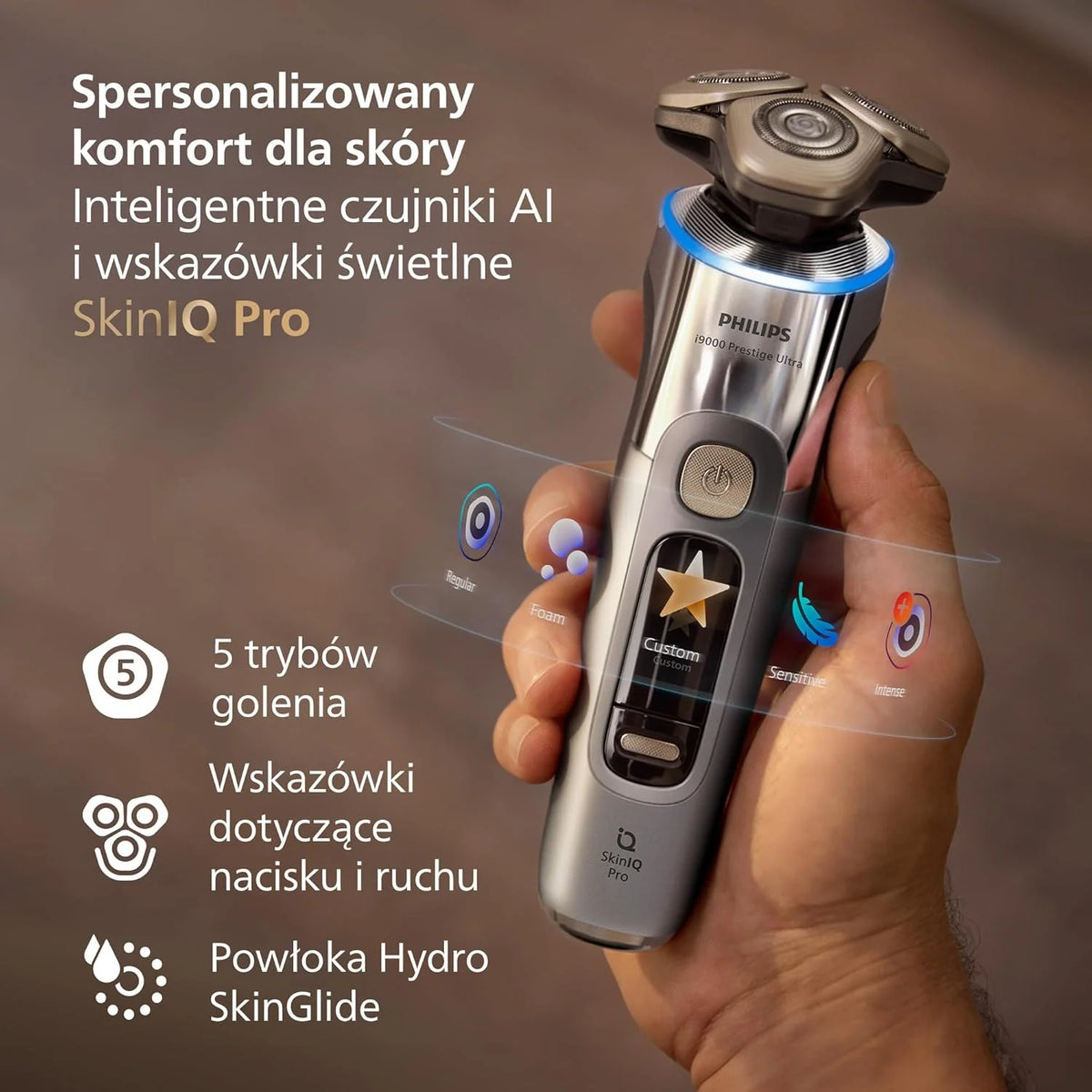 Philips Shaver i9000 Prestige Ultra, golarka elektryczna do golenia na sucho i mokro z technologią Skin IQ Pro, System Triple Lift & Cut, obrotowe 360º ostrza, 5 trybów golenia, Model XP9404/31