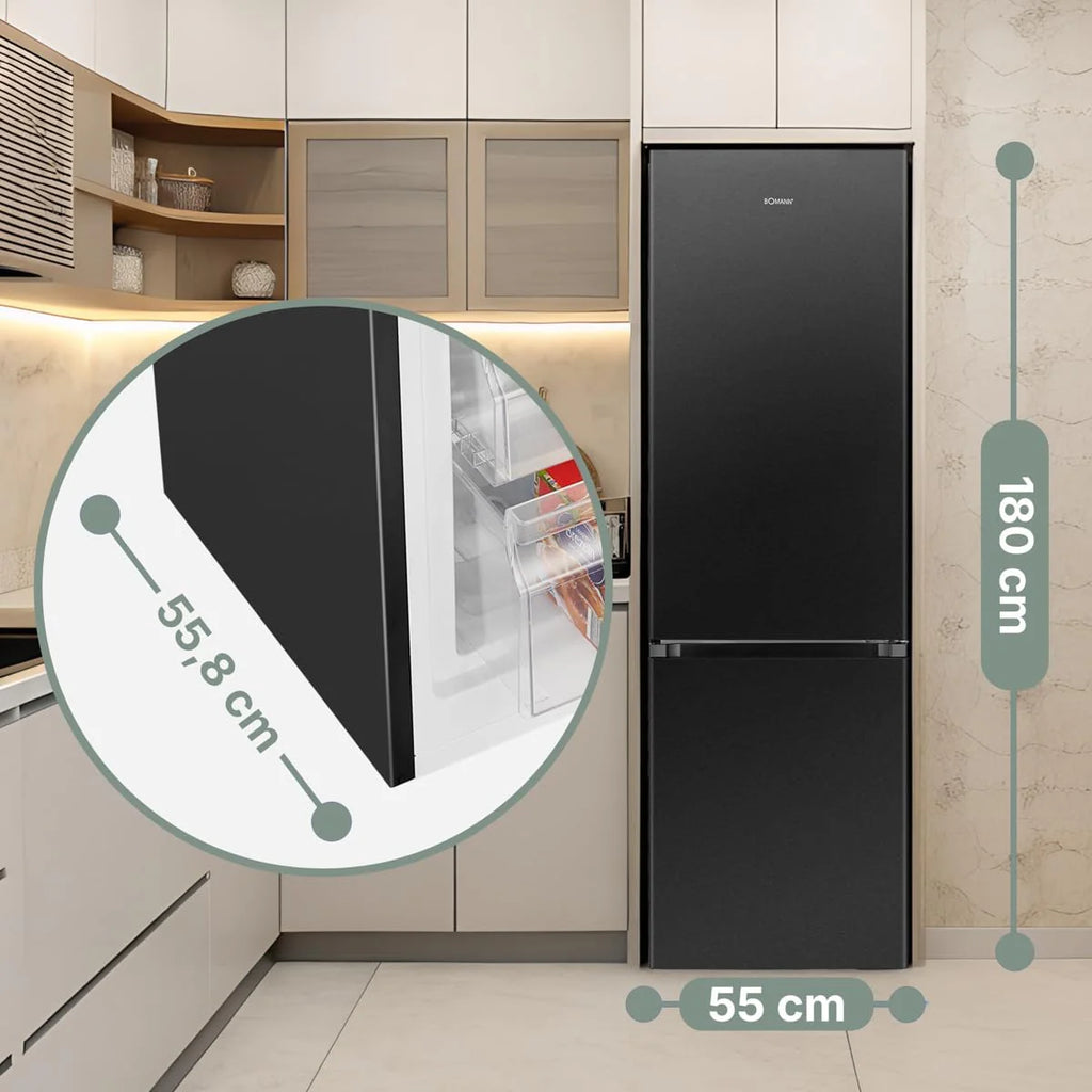 Bomann® Lodówko-zamrażarka, pojemność użytkowa 269 l – chłodzenie: 198 l | zamrażanie: 71 l, energooszczędna, cicha praca 39 dB, LED, wymienne zawiasy drzwiowe, wysokość: 180 x szerokość: 55 x
