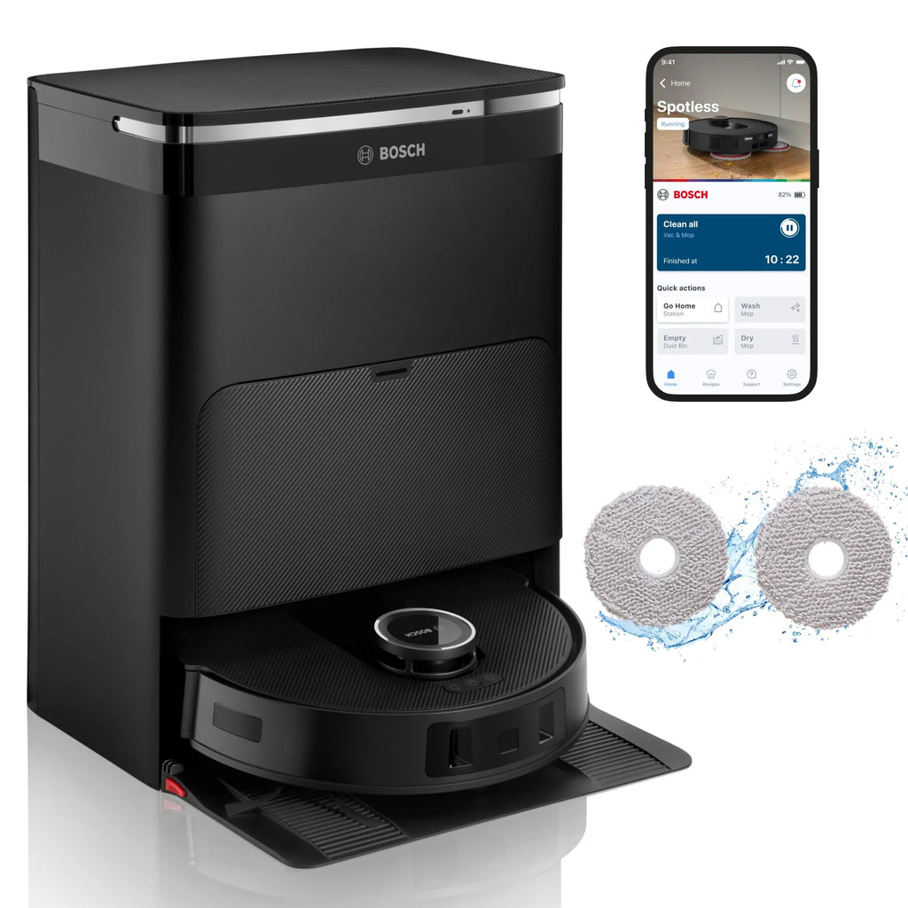 Bosch Spotless Max Robot sprzątający z funkcją mopowania, moc ssania 11 000 Pa, wysuwana nakładka mopującą, stacja czyszczącą, nawigacją Smart Vision, aplikacja Bosch Home Connect, BCRDW3B, czarny