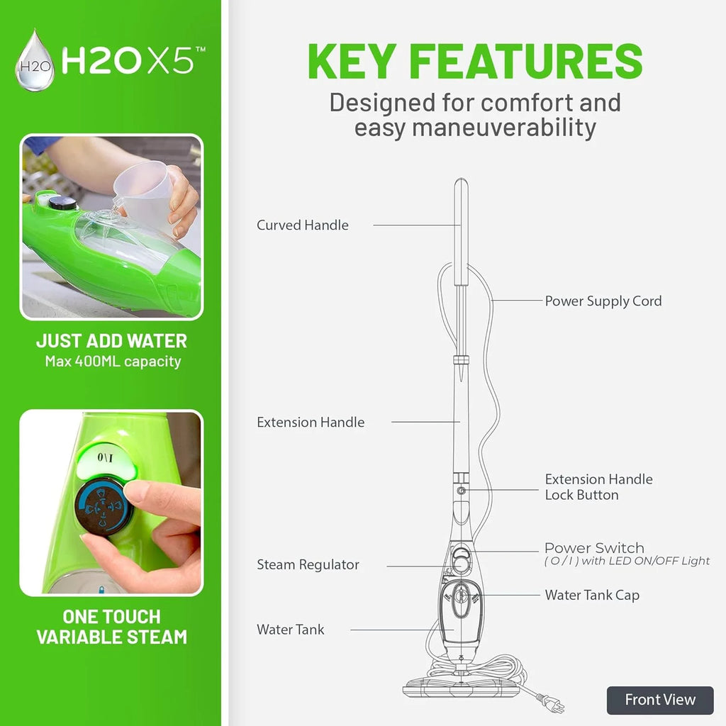 H2O X5 Mop parowy i ręczny odkurzacz parowy | parowar podłogowy 5 w 1 | środek do czyszczenia twardego drewna, płytek i laminatów | w zestawie szybowiec dywanowy | nasadki do fug, okien i odzieży