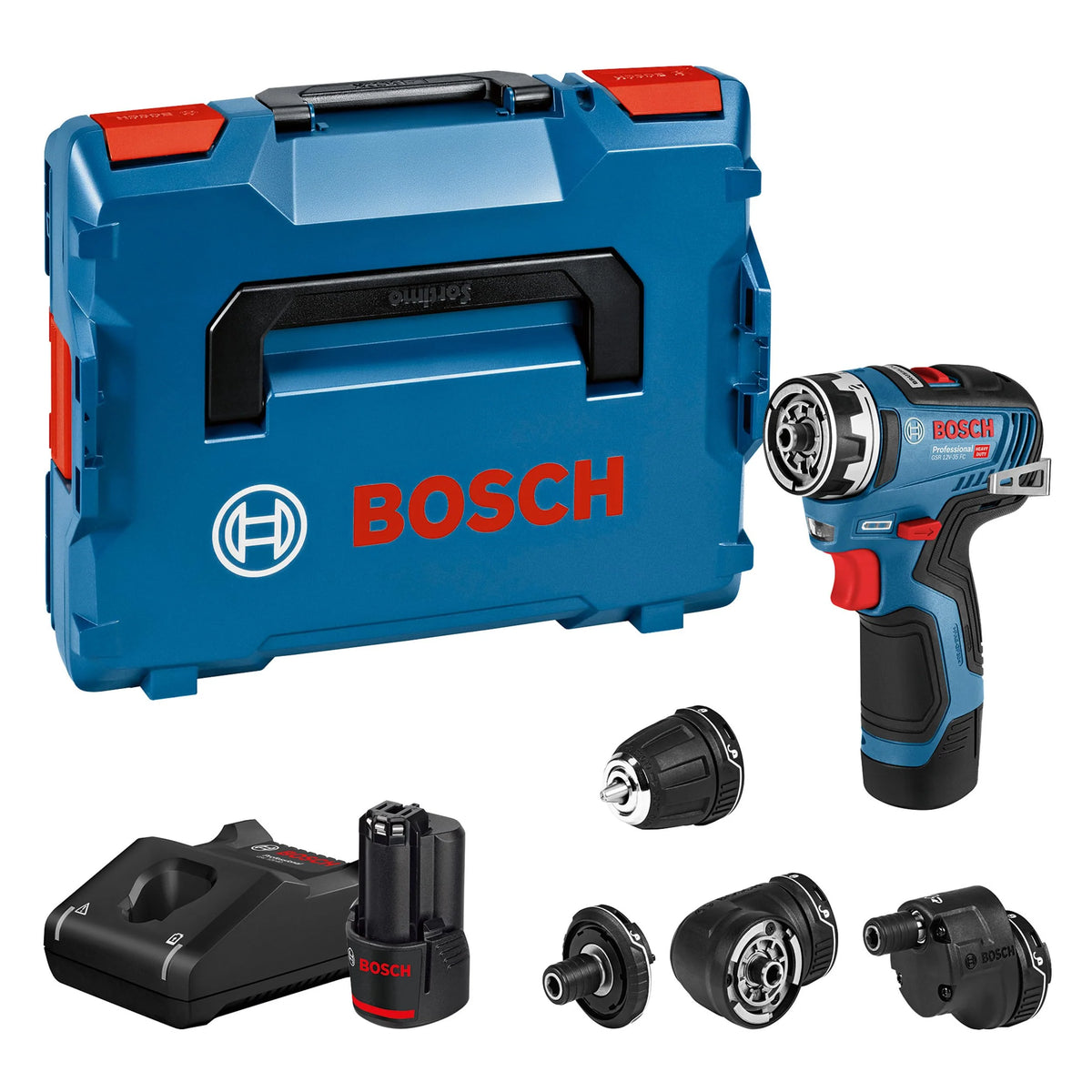 Bosch Professional system 12V: akumulatorowa wiertarko-wkrętarka GSR 12V-35 FC (2 akumulatory GBA 12V 3.0Ah, szybka ładowarka GAL 12V-40, 4 wymienne uchwyty FlexiClick, walizka L-BOXX)