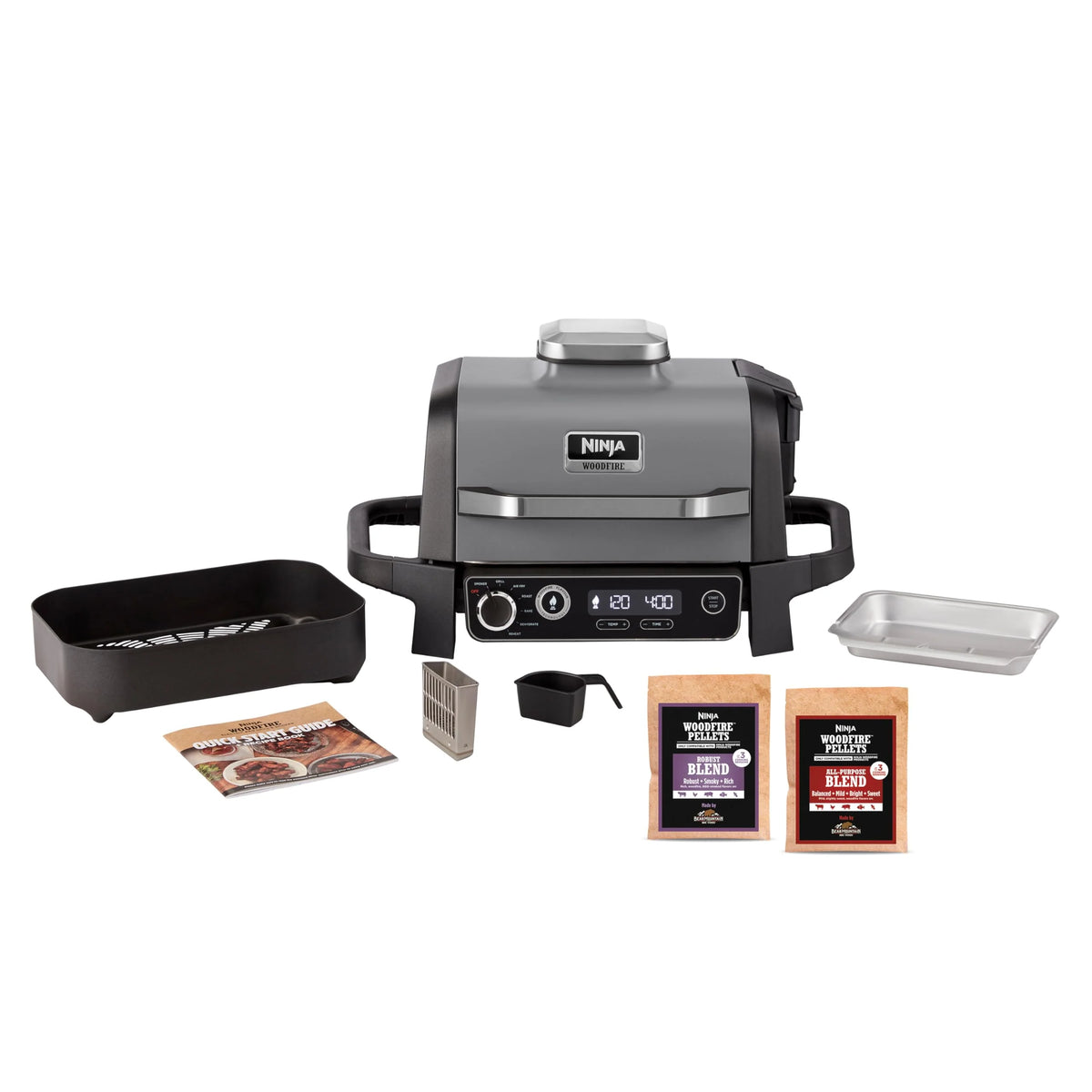 Ninja Woodfire Pro Connect XL Grill elektryczny, wędzarnia i frytkownica 7 w 1, sterowany za pomocą aplikacji, termometr cyfrowy z sondą, opalany pelletem drzewnym, wodoodporny, czarny, OG901EU