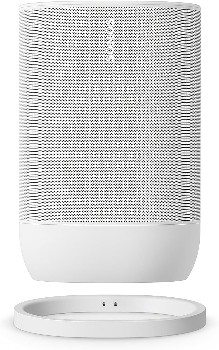 Sonos Move 2 | Bezprzewodowy głośnik przenośny z Wi-Fi, Bluetooth, Amazon Alexą, 24 godzinami pracy na akumulatorze, indukcyjną podstawą ładującą - Biały