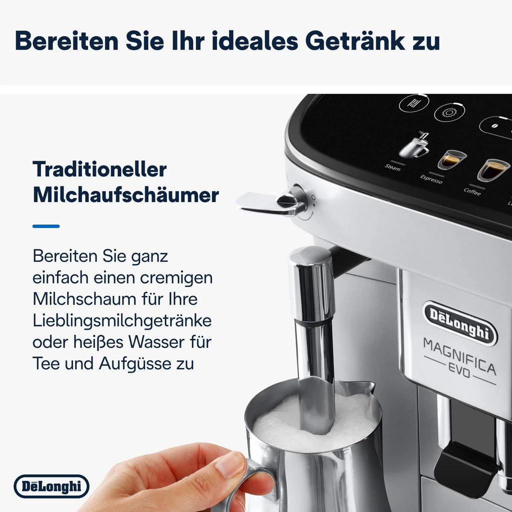 De'Longhi Magnifica Evo Ecam 292.81.B W Pełni Automatyczny Ekspres do Kawy z Dyszą do Spieniania Mleka, 7 Przycisków do Różnych Rodzajów Kaw, Intuicyjny Panel Sterowania, 2 Filiżanki, Czarny