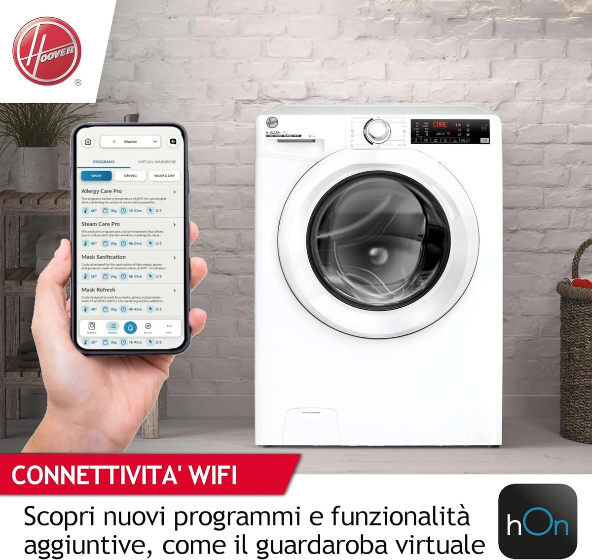 Hoo ver, Pralka Slim H-WASH 350, H3WP4474TAM6/1-S, Pralka ładowana od przodu, 7 KG, klasa A-10%, 1200 obrotów, 77 dB, Para, 16 programów, Opóźniony start, Biały, AxLxP 85x60x45 cm