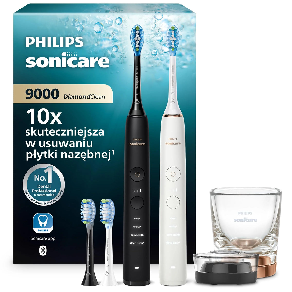 Szczoteczka elektryczna Philips Sonicare DiamondClean 9000, podwójne opakowanie, szczoteczka soniczna z aplikacją, czujnik nacisku, szklanka do ładowania, kolor biały, model HX9914/62