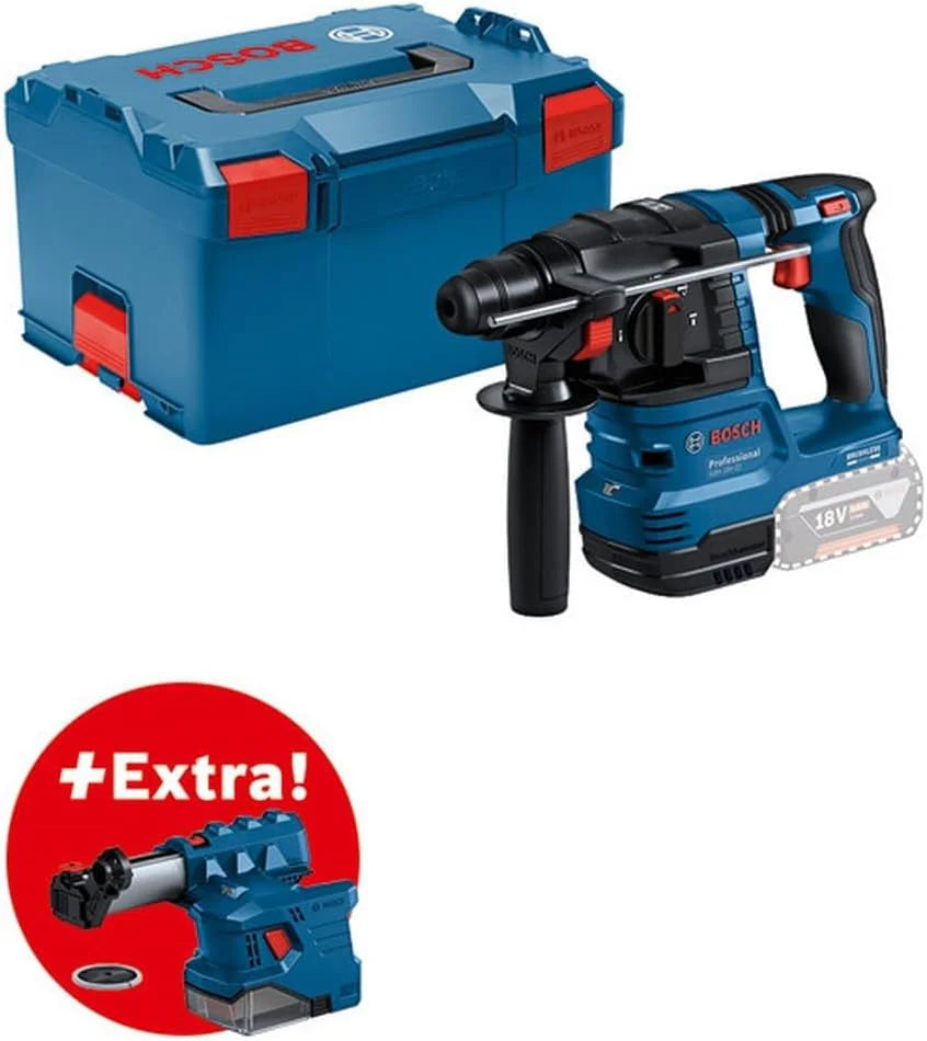 Bosch Professional system 18V: akumulatorowy młot udarowo-obrotowy GBH 18V-22 (SDS plus, idealny do wiercenia otworów o średn. 6–10 mm, GDE 18V-12, walizka L-BOXX)