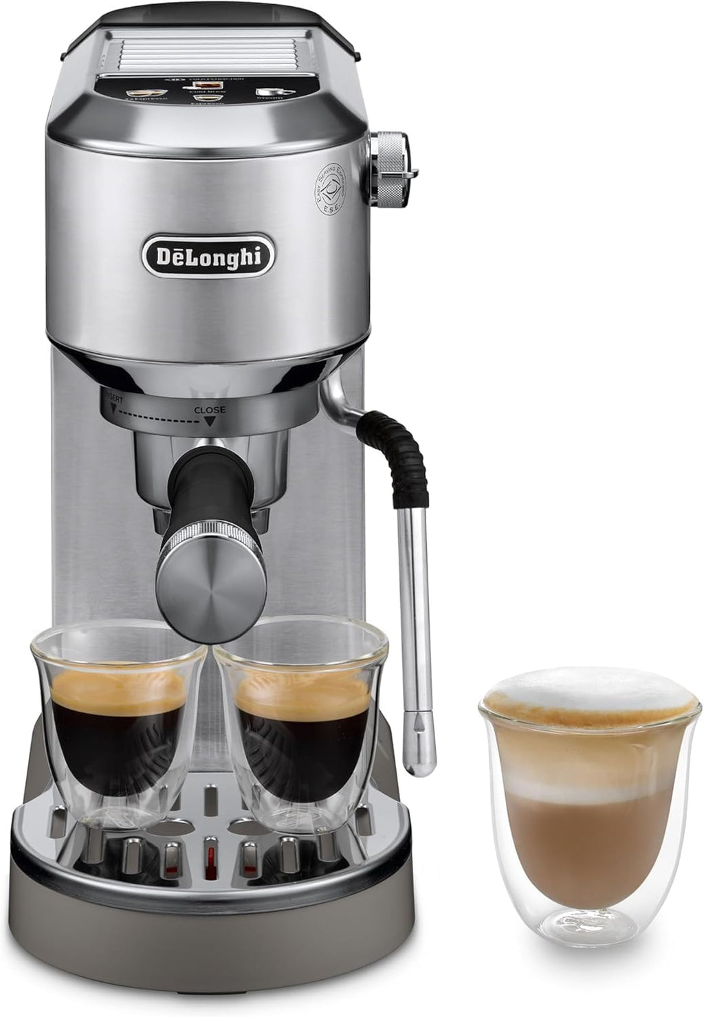 De'Longhi Dedica – Ekspres do kawy ze stali nierdzewnej z pompką do kawy mielonej lub na kapsułki, espresso i cappuccino, zbiornik 1,3 litra, system zapobiegający kapaniu, model EC685.M, kolor metaliczny