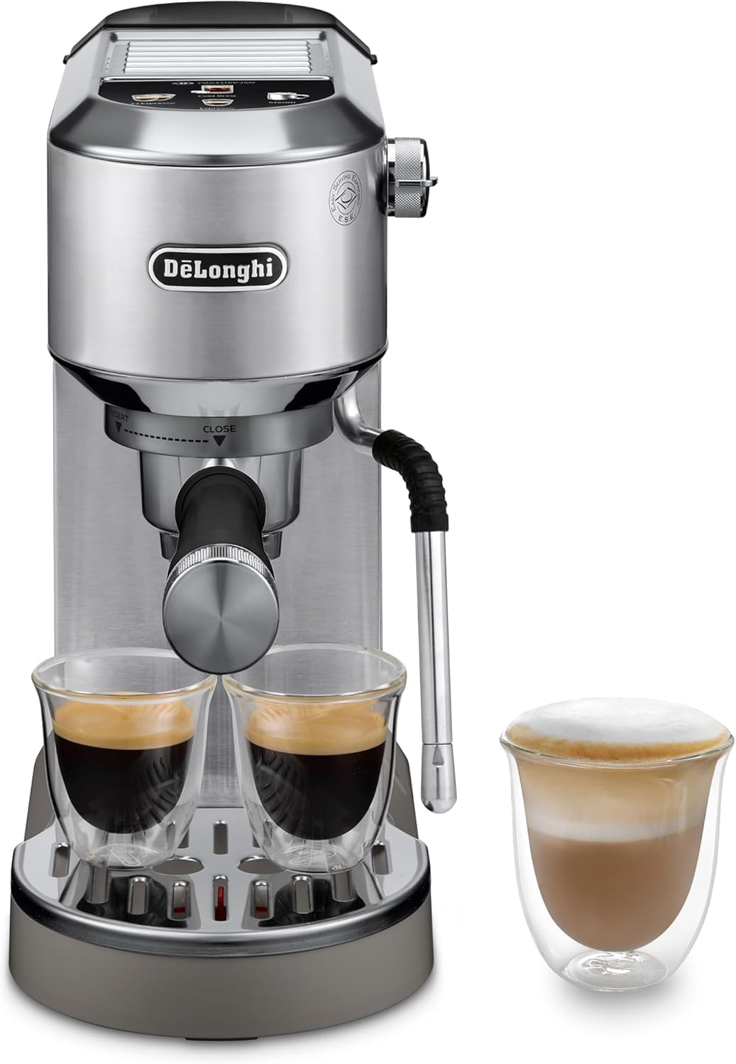De'Longhi Dedica – Ekspres do kawy ze stali nierdzewnej z pompką do kawy mielonej lub na kapsułki, espresso i cappuccino, zbiornik 1,3 litra, system zapobiegający kapaniu, model EC685.M, kolor metaliczny