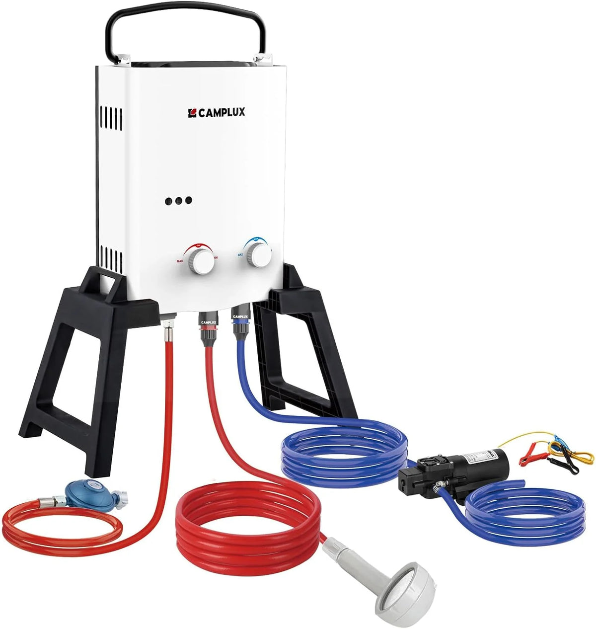 CAMPLUX AY132Max-DE gazowy podgrzewacz przepływowy z pompą wodną, LPG, 50 mbar, na prysznic kempingowy/wycieczkę do kampera, AY132Max-DE