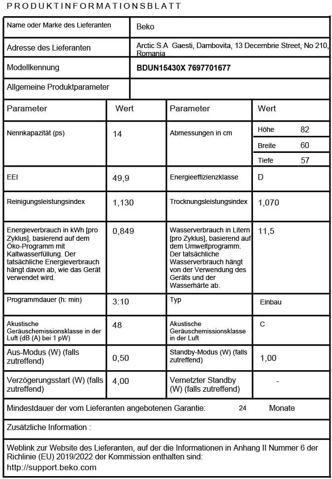 Beko BDIN16430 b300 zmywarka do zabudowy 60 cm w pełni zintegrowana, na 14 nakryć wymiarowych, 3 poziomy zmywania, 5 temperatur, 6 programów, połowa obciążenia, automatyczne otwieranie drzwi,