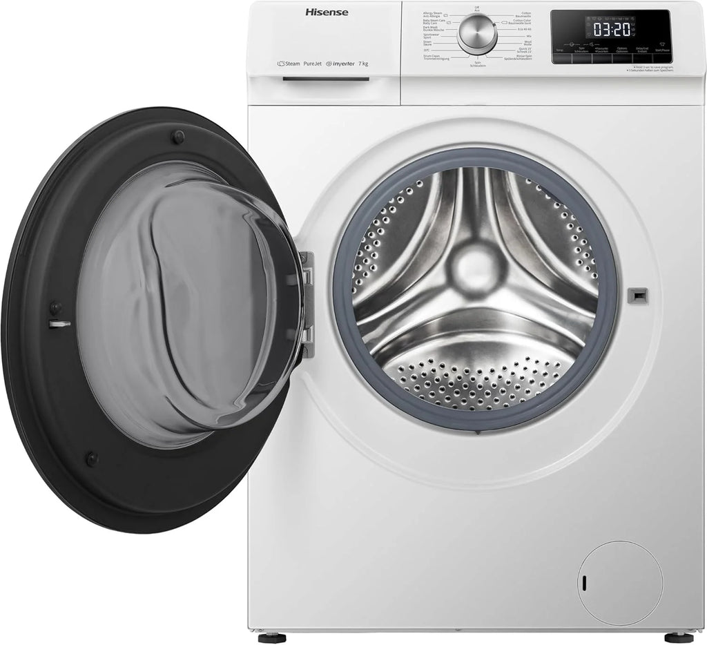 Hisense WF3S8043BW3 pralka z funkcją pary, 8 kg, 1400 obr./min, WiFi, ConnectLife, Power JetWash, program antyalergiczny, Aqua Stop, Auto Wash, Quick Wash, klasa efektywności energetycznej A-30%