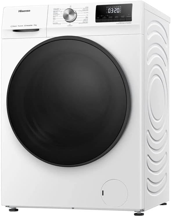Hisense WF3S8043BW3 pralka z funkcją pary, 8 kg, 1400 obr./min, WiFi, ConnectLife, Power JetWash, program antyalergiczny, Aqua Stop, Auto Wash, Quick Wash, klasa efektywności energetycznej A-30%