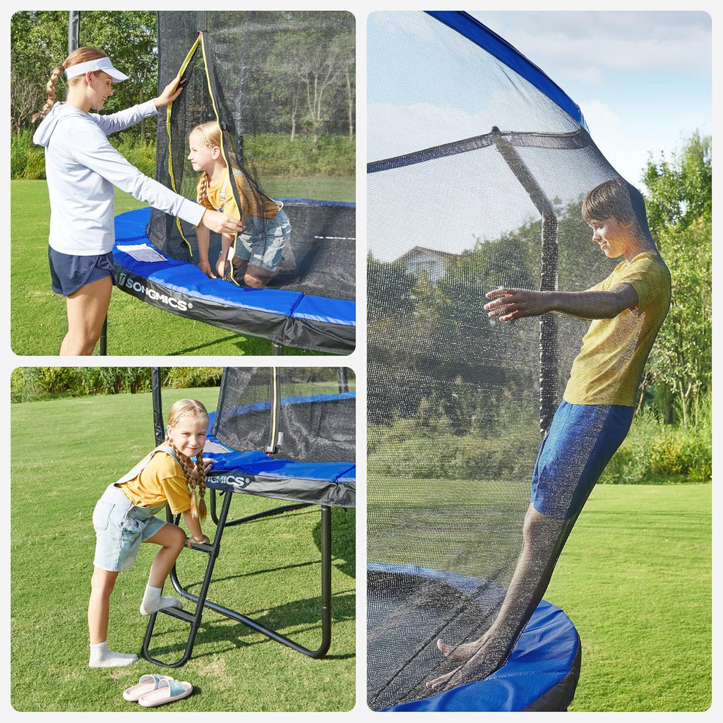 SONGMICS Trampolina Ø 366 cm, trampolina ogrodowa dla dzieci z siatką zabezpieczającą, drążki o wysokości 180 cm, osłona krawędzi, drabinka, rama stalowa, czarno-niebieski STR123Q01