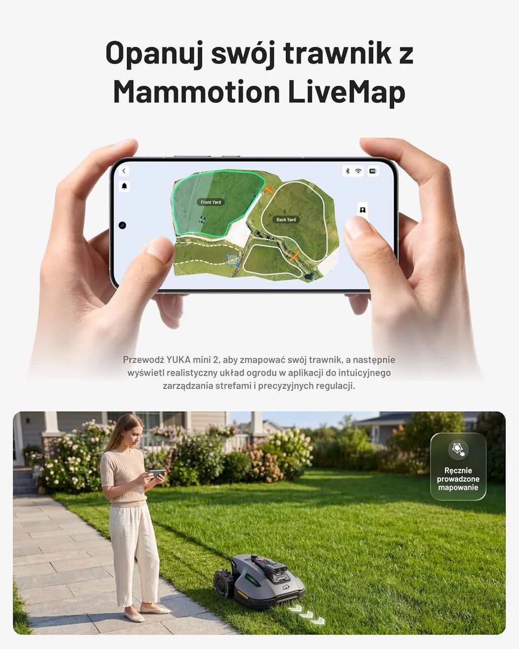 Mammotion YUKA 2000 Kosiarka Automatyczna z zamiatarką, Zalecane 2000 m², maks.2400 m²,i Nachyleniu 45%, UltraSense AI Vision do Auto-Mapowania Wysokość Koszenia 20-90mm Szerokość Koszenia 320mm