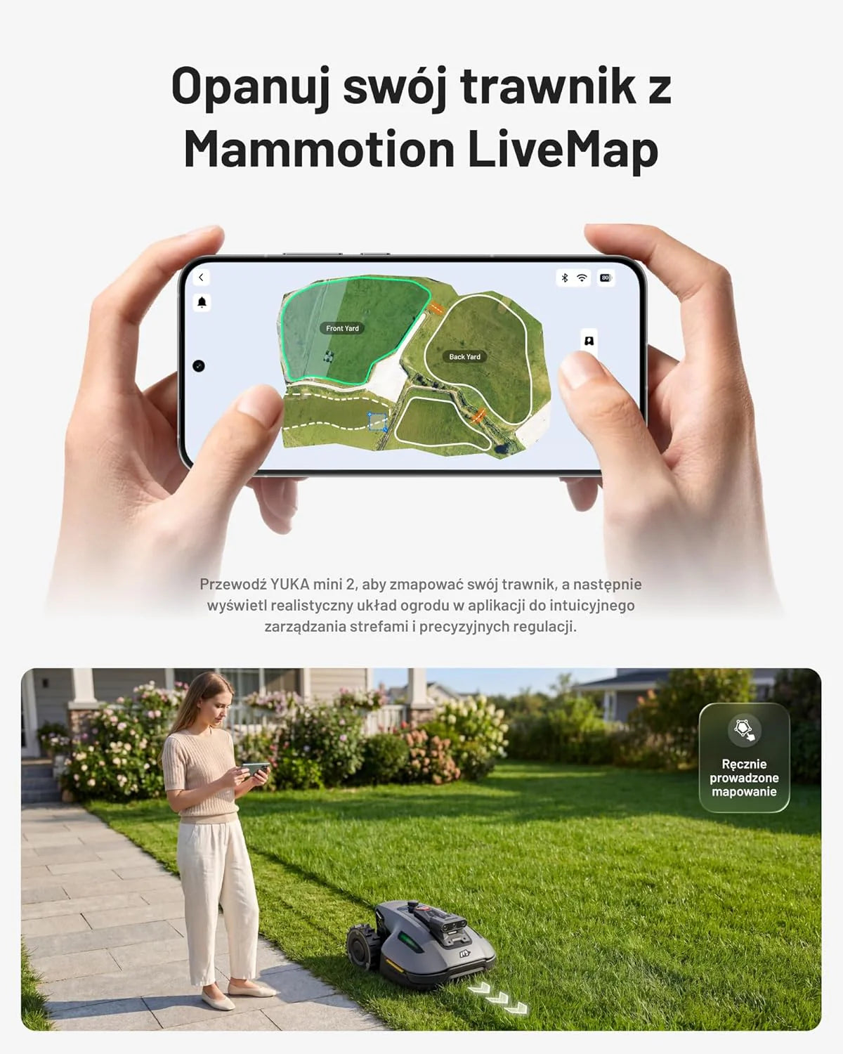 Mammotion YUKA 2000 Kosiarka Automatyczna z zamiatarką, Zalecane 2000 m², maks.2400 m²,i Nachyleniu 45%, UltraSense AI Vision do Auto-Mapowania Wysokość Koszenia 20-90mm Szerokość Koszenia 320mm