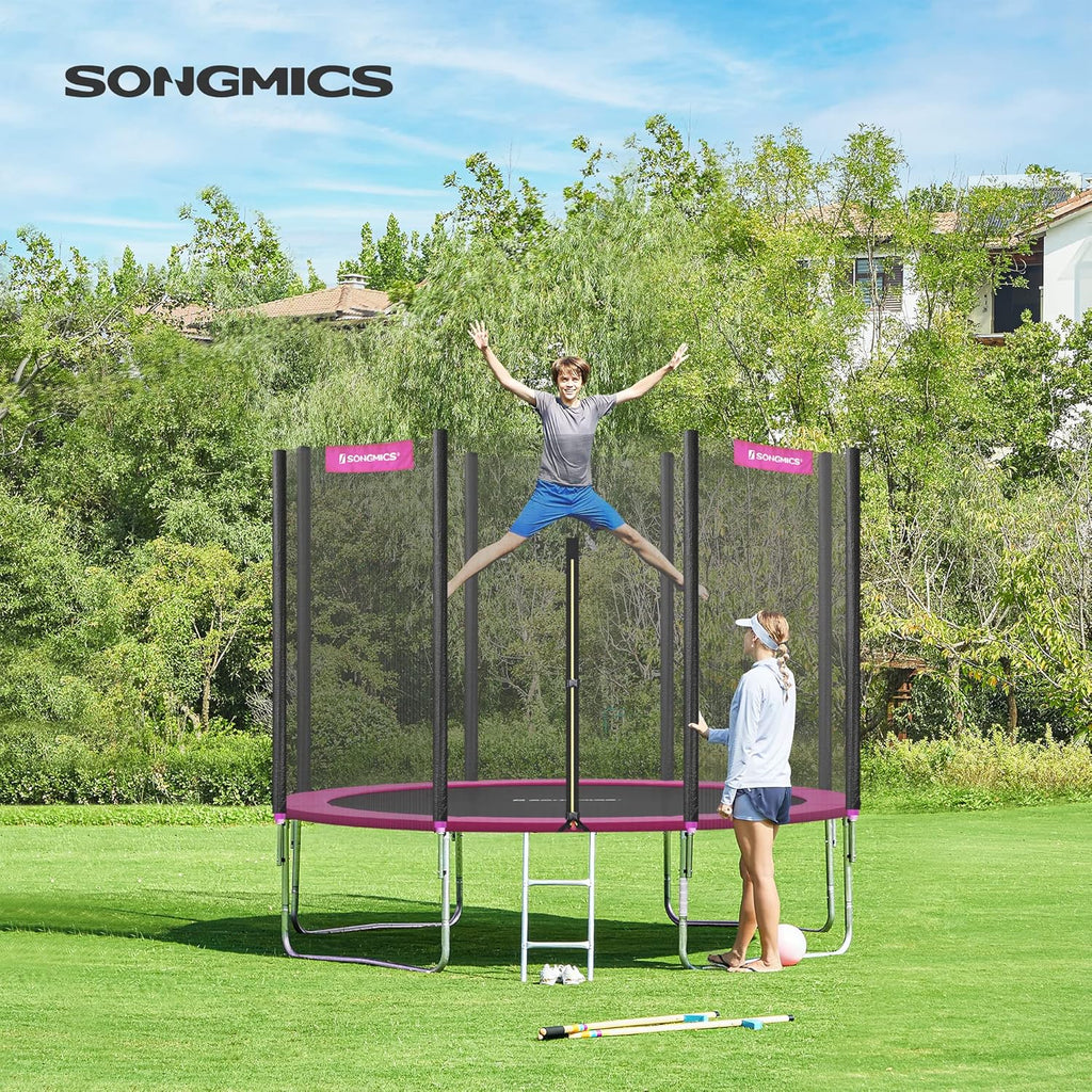 SONGMICS Trampolina ogrodowa o średnicy 183/244/305/366/427 cm, z siatką zabezpieczającą, drabinką i wyściełanymi drążkami, osłona bezpieczeństwa, zewnętrzna