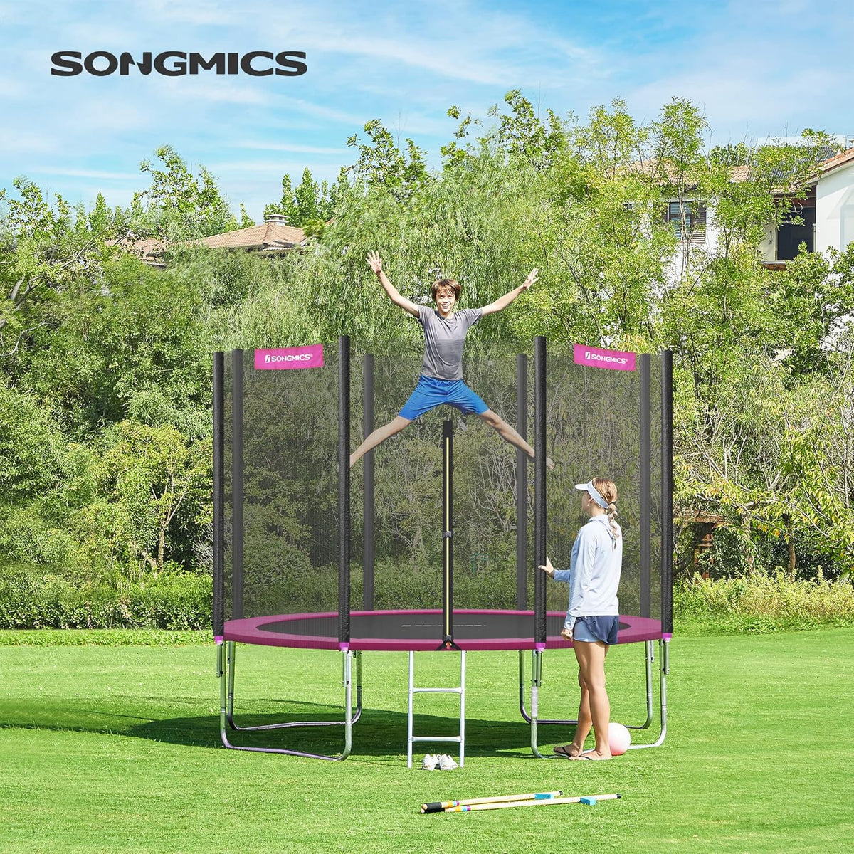 SONGMICS Trampolina ogrodowa o średnicy 183/244/305/366/427 cm, z siatką zabezpieczającą, drabinką i wyściełanymi drążkami, osłona bezpieczeństwa, zewnętrzna