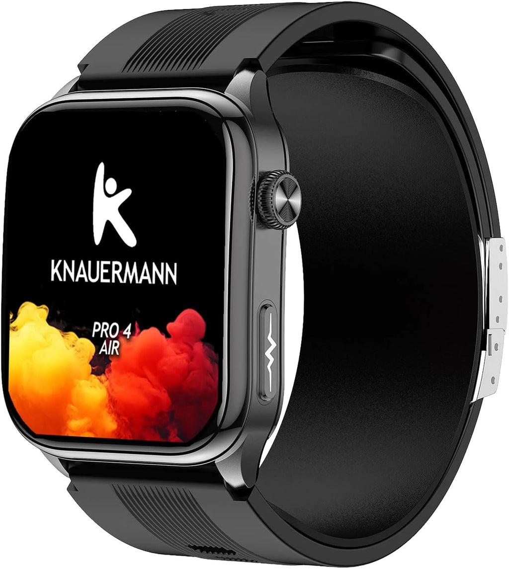 Knauermann PRO 4 Air (2026) Smartwatch i tracker fitness dla kobiet i mężczyzn, AMOLED zawsze włączony, IP66, Bluetooth 5.3, bateria do 25 dni, Android i iOS, czarny, kwadratowy, silikonowy pasek