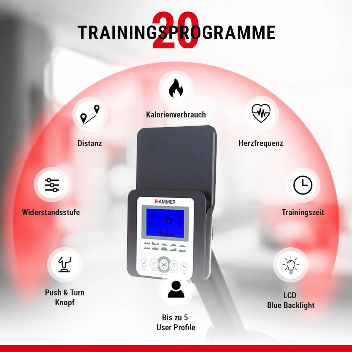 HAMMER Wioślarz Cobra XTR Plus II do domu – wioślarz z innowacyjnym komputerem treningowym, uchwytem na smartfon/tablet, do 130 kg wagi użytkownika, 232 x 55 x 75 cm, kolor czarny, 4532