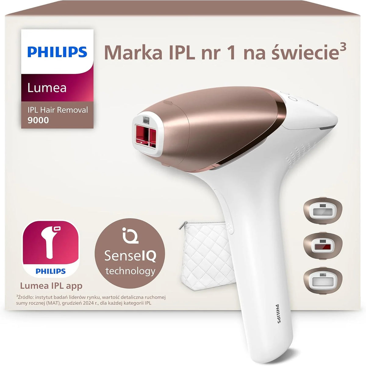 Philips Lumea Urządzenie IPL z serii 9000 — urządzenie do usuwania włosów, alternatywa dla laserowego usuwania włosów, technologia SenseIQ, 3 nasadki: do ciała, twarzy i precyzyjna, BRI955/00