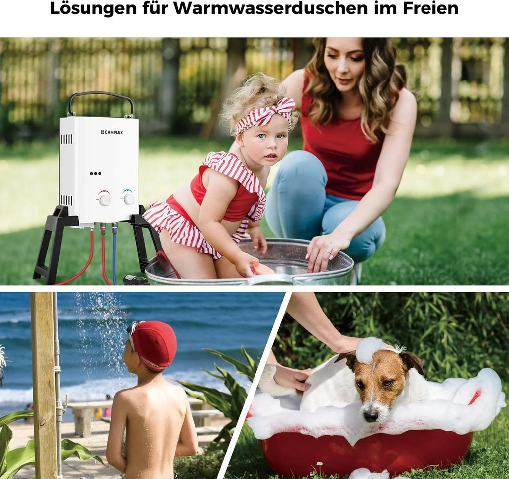 CAMPLUX AY132Max-DE gazowy podgrzewacz przepływowy z pompą wodną, LPG, 50 mbar, na prysznic kempingowy/wycieczkę do kampera, AY132Max-DE