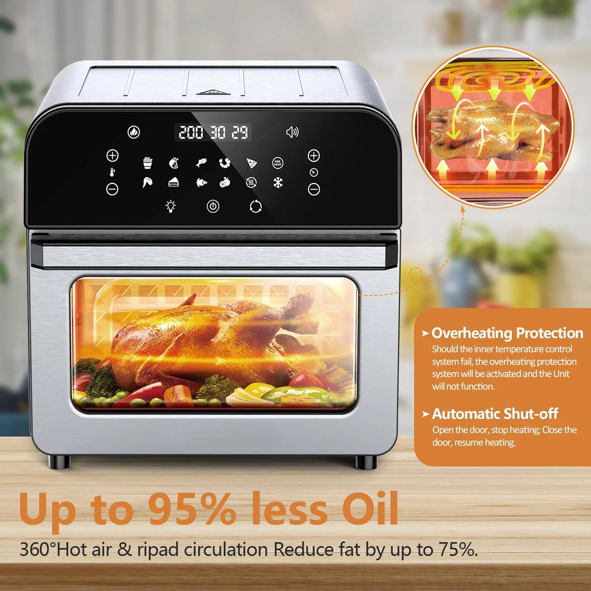 WHALL Frytkownica powietrzna 5,5 QT z cyfrowym ekranem dotykowym LED, funkcje gotowania 12 w 1, frytkownice powietrzne, kosz nadaje się do mycia w zmywarce, stal nierdzewna / BS