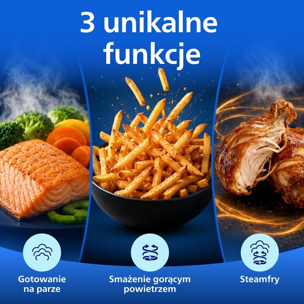 Philips Airfryer Ovi serii 5000 Megabasket z parą - Steamfry, Gotowanie na parze i Airfry, 28 metod gotowania; 9,5 l w Megabasket lub 3 l + 6 l w podwójnym koszu, RapidAir, czyszczenie parą (NA565/00)