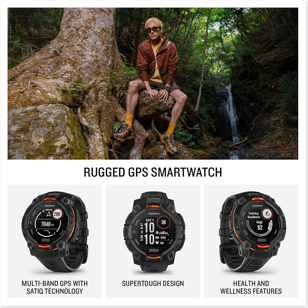 Garmin Instinct 3 SOLAR Wytrzymały Smartwatch GPS, 45 mm, Wbudowane Aplikacje Sportowe i Zdrowotne, Latarka LED, 10ATM, Sunburst
