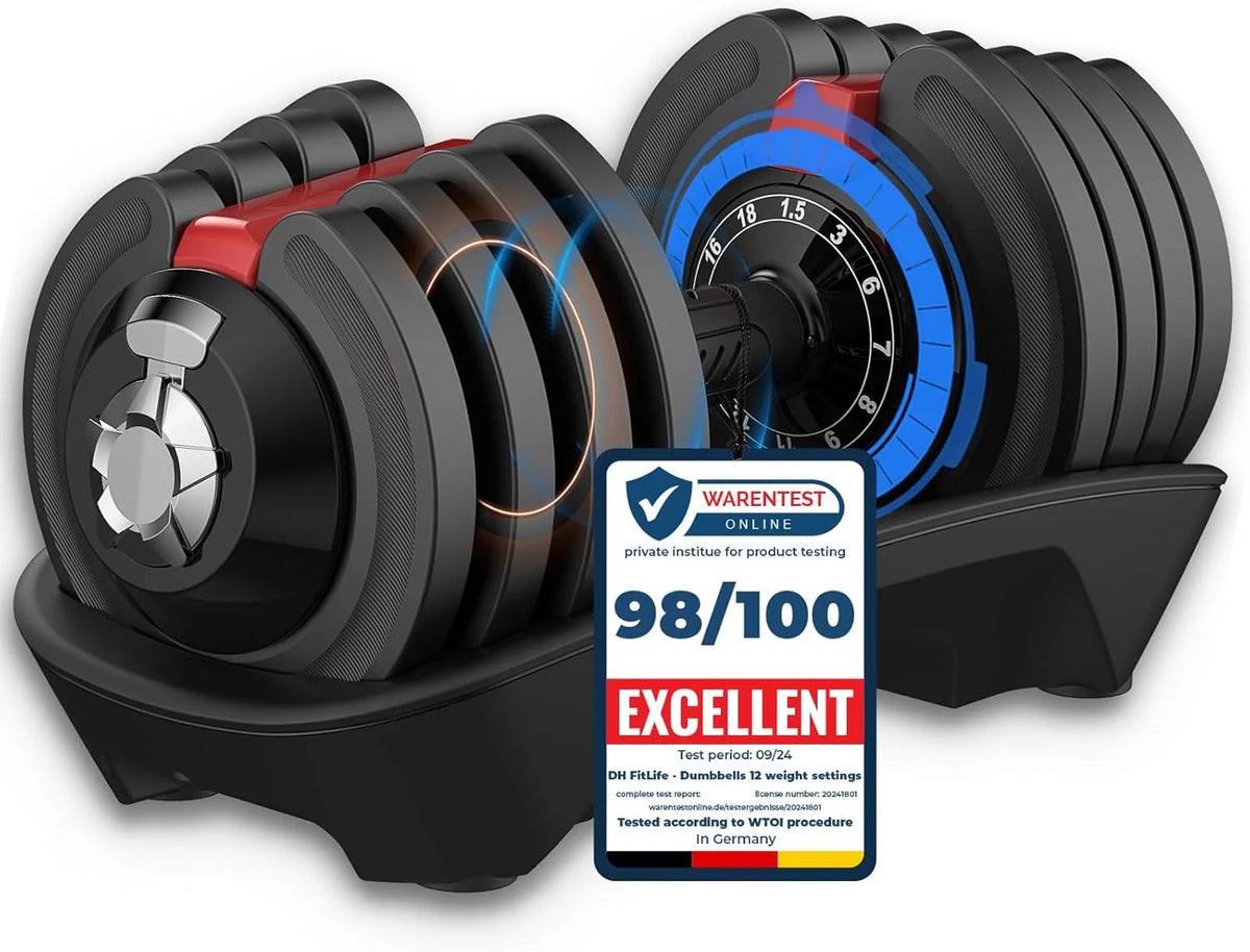 DH FitLife 18kg/24 kg Regulowane hantle z podstawą do przechowywania – zestaw hantli z płytami wagowymi, regulowane krótkie hantle oszczędzające miejsce, zmienne ciężary 12 w 1