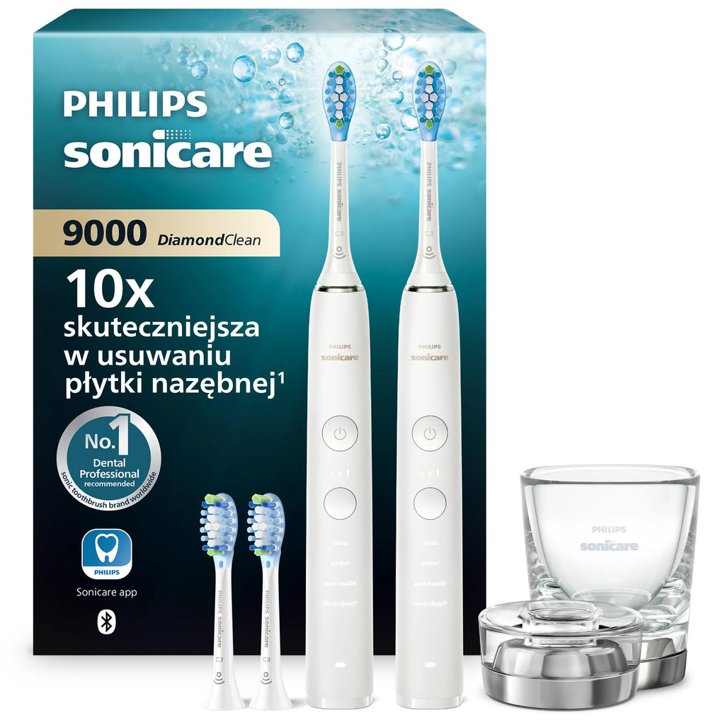 Szczoteczka elektryczna Philips Sonicare DiamondClean 9000, podwójne opakowanie, szczoteczka soniczna z aplikacją, czujnik nacisku, szklanka do ładowania, kolor biały, model HX9914/62