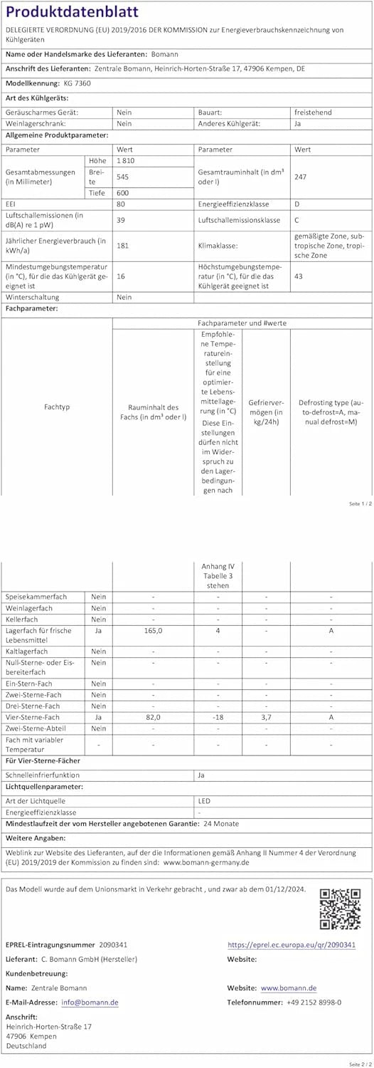 Lodówka i zamrażarka Bomann 247L KG7360-Czarna, System MultiAirflow, Całkowicie bezszronowa, 4 szklane półki, Oświetlenie LED, Klasa energetyczna A+, Czarna