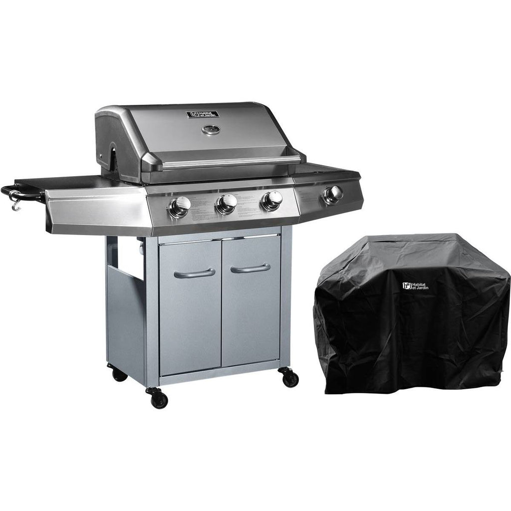 Grill gazowy z diodami LED „Bingo 4” – 4 palniki (1 strona) – 14 kW + osłona ochronna – srebrny