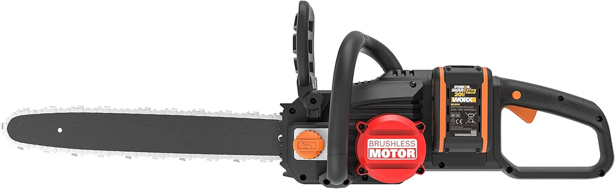 WORX WG385E Nitro Akumulatorowa Pilarka Łańcuchowa 40V(2 x 20V), Silnik Bezszczotkowy, Automatyczne Napinanie i Smarowanie Łańcucha, Długość Cięcia 40 cm, Prędkość Cięcia 18m/s