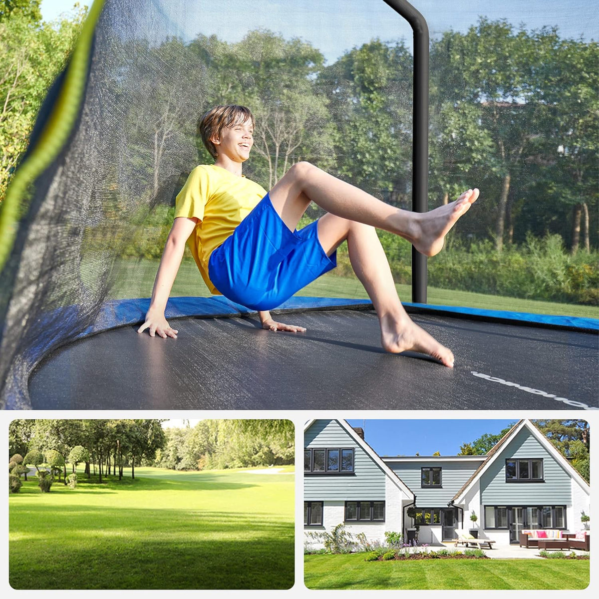 SONGMICS Trampolina Ø 366 cm, trampolina ogrodowa dla dzieci z siatką zabezpieczającą, drążki o wysokości 180 cm, osłona krawędzi, drabinka, rama stalowa, czarno-niebieski STR123Q01