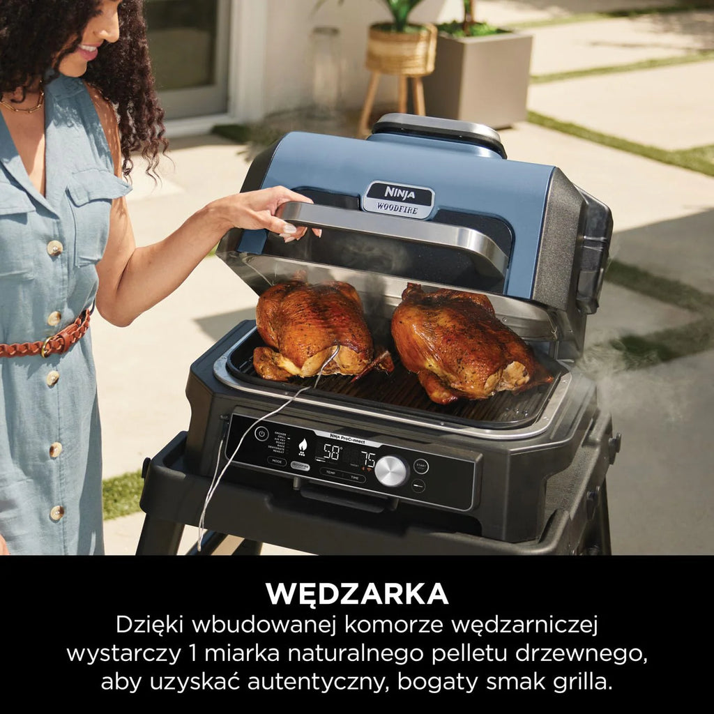 Ninja Woodfire Pro Connect XL Grill elektryczny, wędzarnia i frytkownica 7 w 1, sterowany za pomocą aplikacji, termometr cyfrowy z sondą, opalany pelletem drzewnym, wodoodporny, czarny, OG901EU