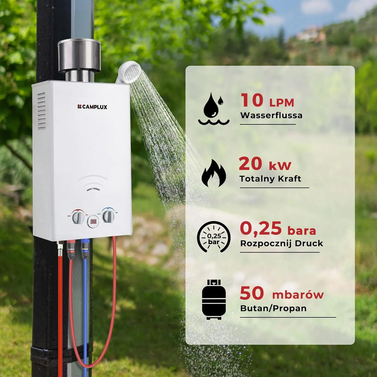 CAMPLUX 10 litrów gazowy podgrzewacz wody z pompą wodną BW264BCP120-DE, bezzbiornikowy zewnętrzny prysznic gazowy do mycia koni/kemping/podróży RV, 50mbar, LPG