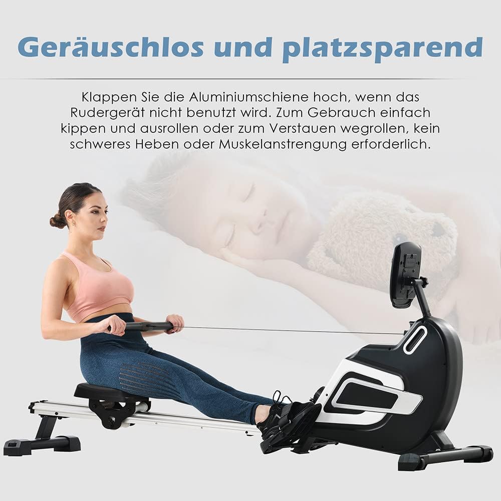Wioślarz magnetyczny, Wioślarz do treningu w domu, Wioślarz z 14 oporem magnetycznym, Wioślarz do domu składany, Wyświetlacz LCD do 150 kg do fitnessu w domu.
