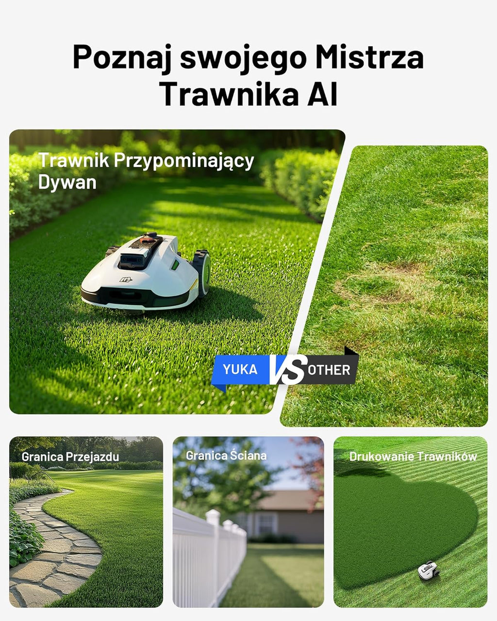 Mammotion YUKA 2000 Kosiarka Automatyczna z zamiatarką, Zalecane 2000 m², maks.2400 m²,i Nachyleniu 45%, UltraSense AI Vision do Auto-Mapowania Wysokość Koszenia 20-90mm Szerokość Koszenia 320mm