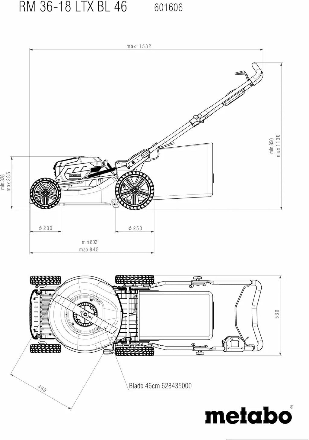 Metabo kosiarka akumulatorowa RM 36-18 LTX BL 46 – 601606850 – 18 V – Kosiarka z funkcją mulczowania – Do ogrodów o powierzchni do 800 m² – Bez akumulatora i ładowarki