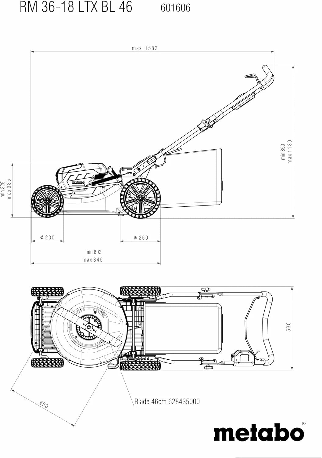 Metabo kosiarka akumulatorowa RM 36-18 LTX BL 46 – 601606850 – 18 V – Kosiarka z funkcją mulczowania – Do ogrodów o powierzchni do 800 m² – Bez akumulatora i ładowarki