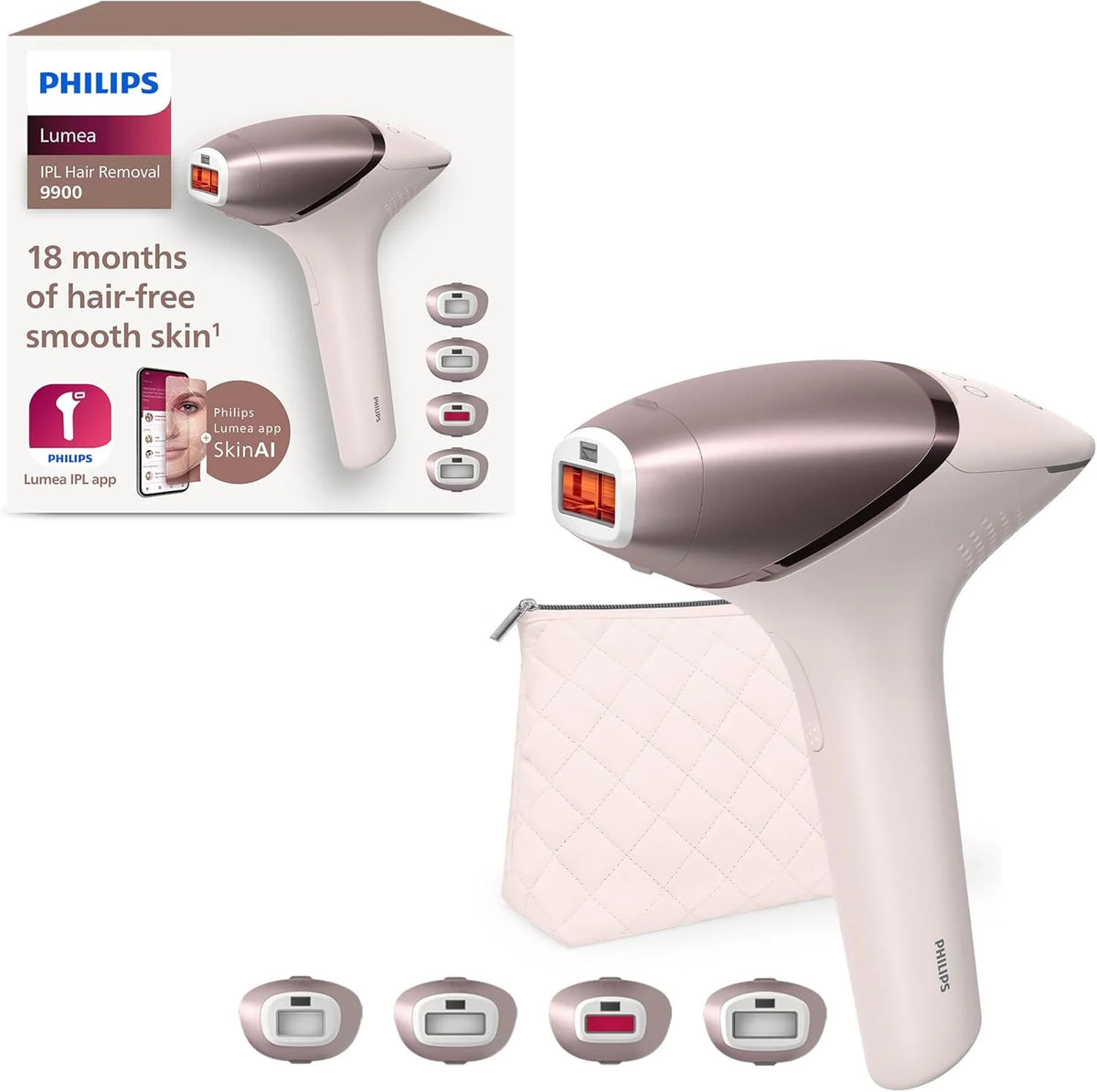 Philips Lumea Series 9900 BRI951/00 depilacja IPL z technologią SenseIQ i SkinAI, 4 x nasadki do twarzy, ciała, pod pachami i okolic bikini, bezprzewodowe i bezprzewodowe