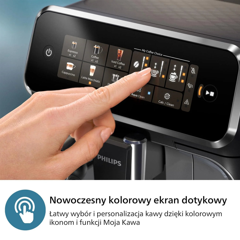Philips z serii 2300 w pełni zautomatyzowany ekspres do kawy - 4 napoje, nowoczesny, kolorowy ekran dotykowy, LatteGo, SilentBrew, młynek w 100% ceramiczny, filtr AquaClean. Czarny, matowy (EP2330/10)