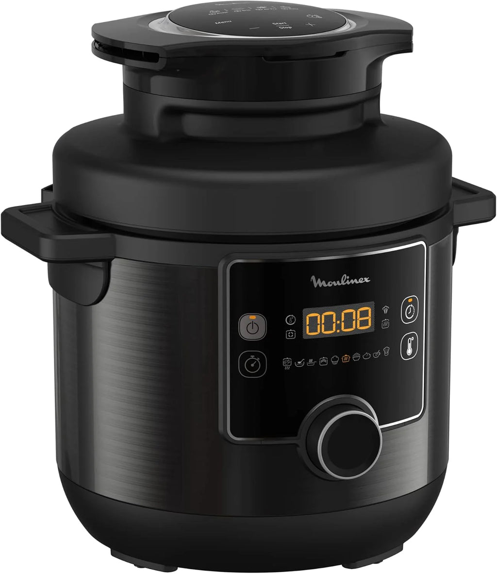 Moulinex Turbo Cuisine & Fry CE7788-2 w 1: elektryczny szybkowar i frytkownica powietrzna do 1450 W, nieprzywierająca miska sferyczna, 15 programów automatycznych, timer, akcesoria, czarny