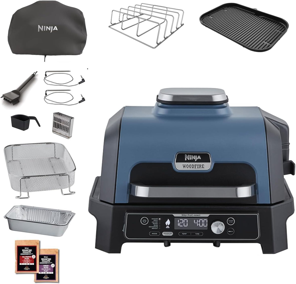 Ninja Woodfire Pro Connect XL Grill elektryczny BBQ I wędzarnia ze sterowaniem za pomocą aplikacji, 2 cyfrowymi sondami, dużym grillem zewnętrznym i smażeniem beztłuszczowym 7 w 1, OG901EUAMZ