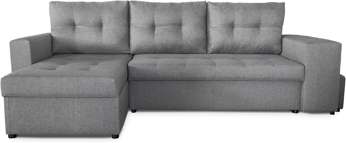 NAWSTOL - Sofa narożna Leon z funkcją spania i skrzynią na pościel – nowoczesna sofa do salonu – możliwość montażu z lewej lub prawej strony (szara + biała sztuczna skóra)