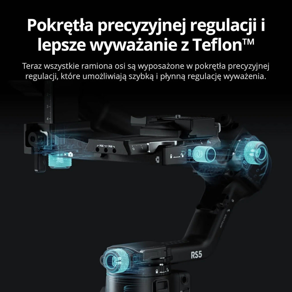 DJI RS 5, stabilizator gimbala do kamer Canon, Sony, Panasonic, Nikon, Fujifilm, przyciski precyzyjnego strojenia, automatyczne blokady osi 2. generacji, statyw do szybkiego otwierania, wyświetlacz