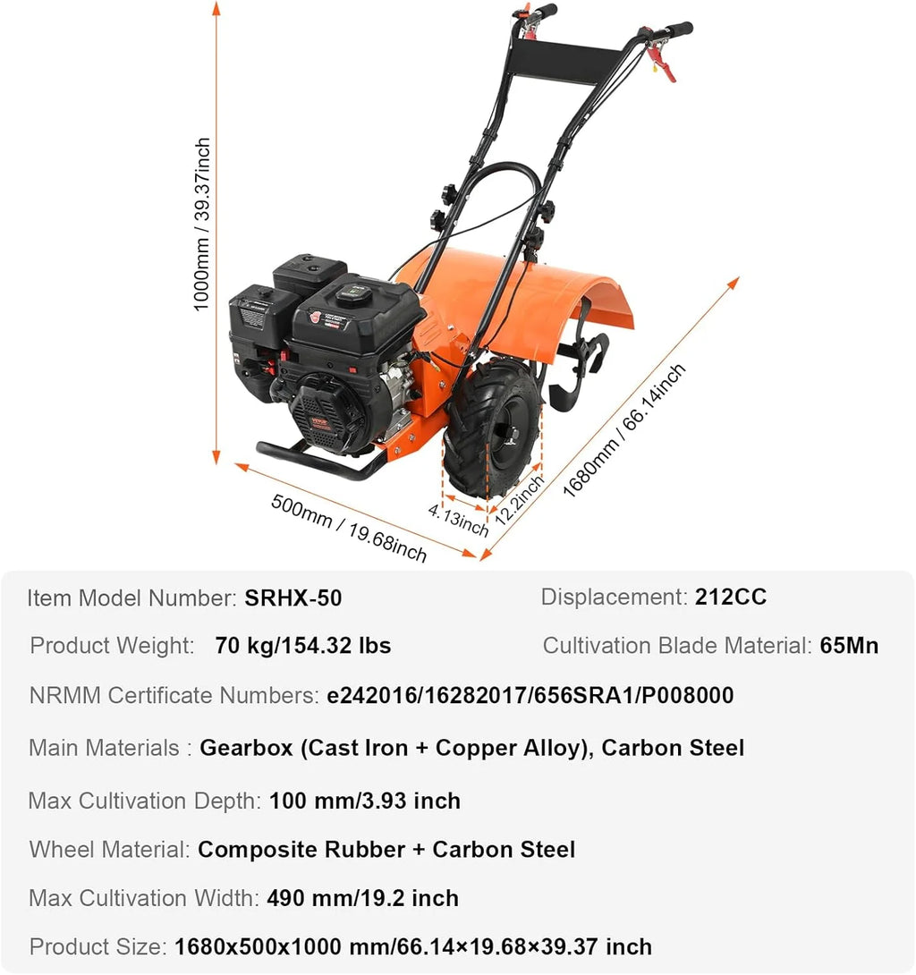 VEVOR frezarka ogrodowa 212CC pojemność silnika napędzana gazem 490 mm szerokość montażowa frez silnikowy 100 mm głębokość uprawy siekacz 65 Mn frez kultywacyjny 1680 x 500 x 1000 mm kultywator
