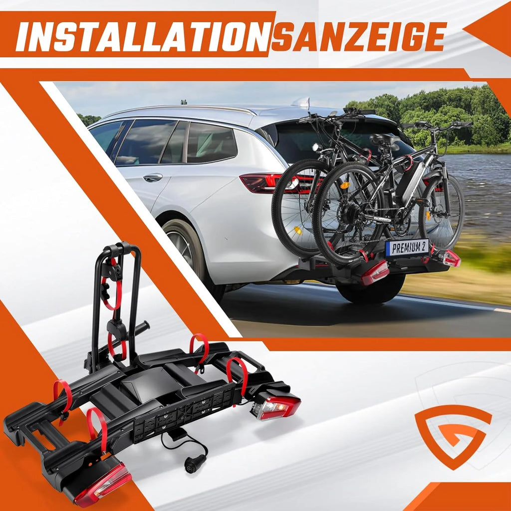 Bagażnik rowerowy na hak holowniczy na 2 rowery odpowiedni dla e-bike'ów z szybkim zapięciem, składany i wstępnie zmontowany, z kołami i uchwytami