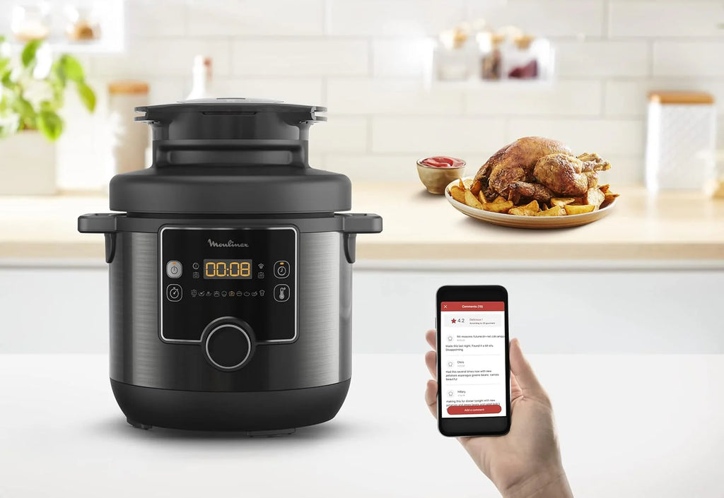Moulinex Turbo Cuisine & Fry CE7788-2 w 1: elektryczny szybkowar i frytkownica powietrzna do 1450 W, nieprzywierająca miska sferyczna, 15 programów automatycznych, timer, akcesoria, czarny